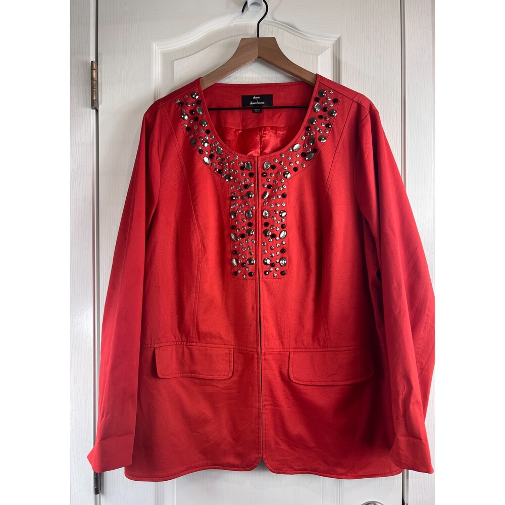 Dennis Basso Orange Jacket Jewel Embellished Neckline Hook Closure Women's 1X
